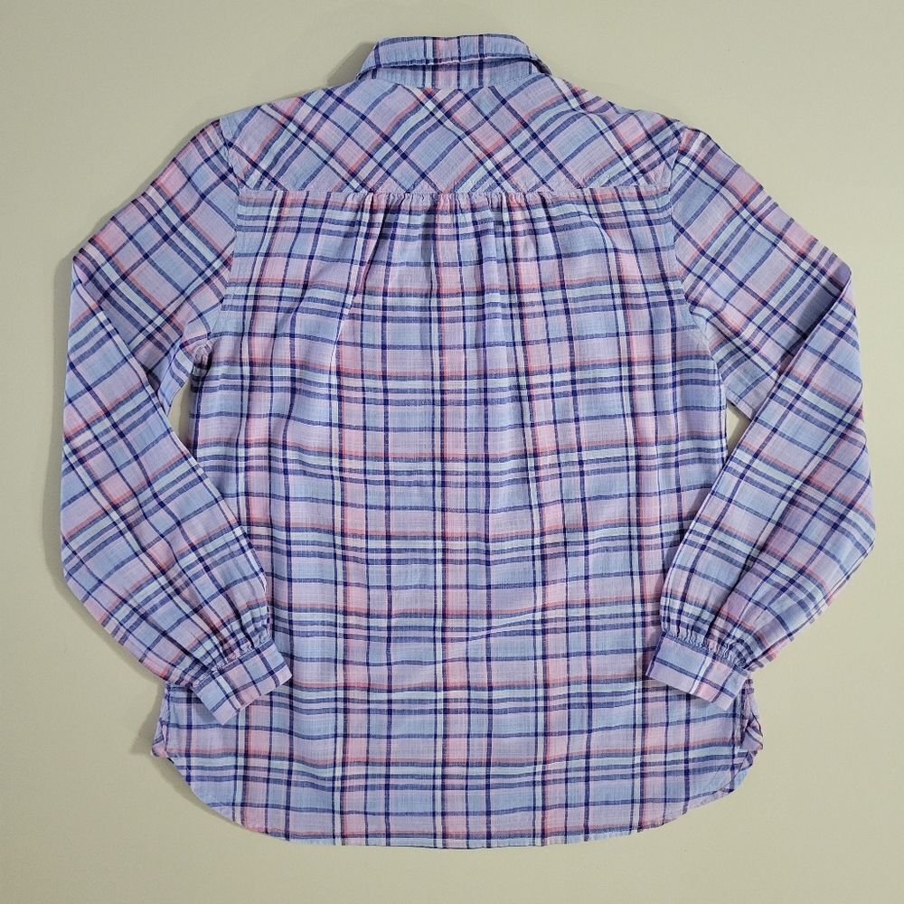 J. Crew Women's Gathered Henley Lilac Plaid Shirt - Picture 13 of 15